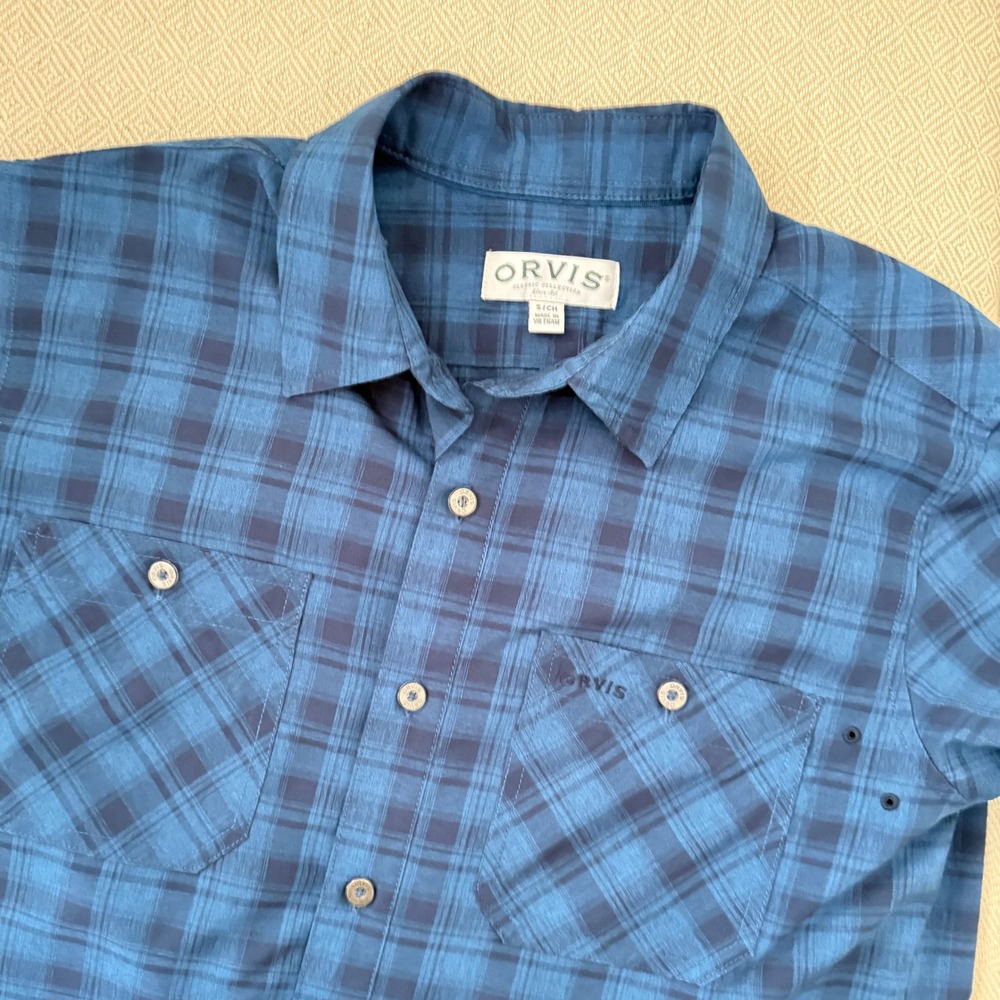 Orvis Mens Blue Plaid Short Sleeve Button Down Shirt Small S 1494392 Outdoor
